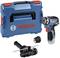 Cordless drill with accessories and carry case. Includes removable handle and chuck. Bosch logo clearly visible.