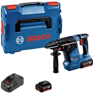 Bosch cordless hammer drill with ergonomic handle, battery and charger next to a transport case. Perfect for drilling work.