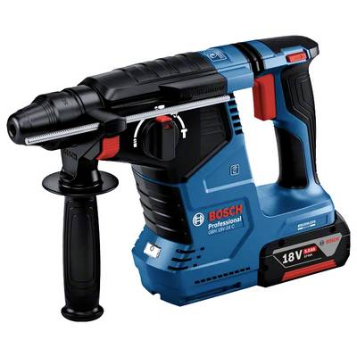 A Bosch professional 18V cordless rotary hammer drill in blue and black, featuring an ergonomic handle and control button for settings.