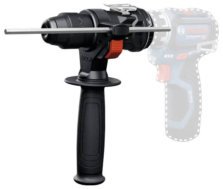 A black and orange drill with a side handle and bar gauge, set against a faint silhouette of a different drill in the background.