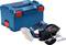 Bosch cordless hand circular saw in a blue case with a red fastener, for woodworking.