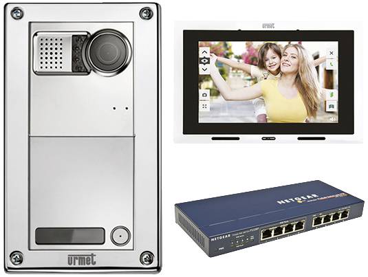 Video doorbell with display, intercom system and network switch. Shows communication between outdoor camera and indoor screen.