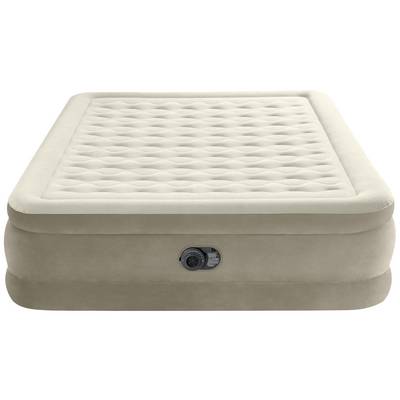 An inflatable airbed in light cream, with a built-in pump on the side, suitable for guests or travel.