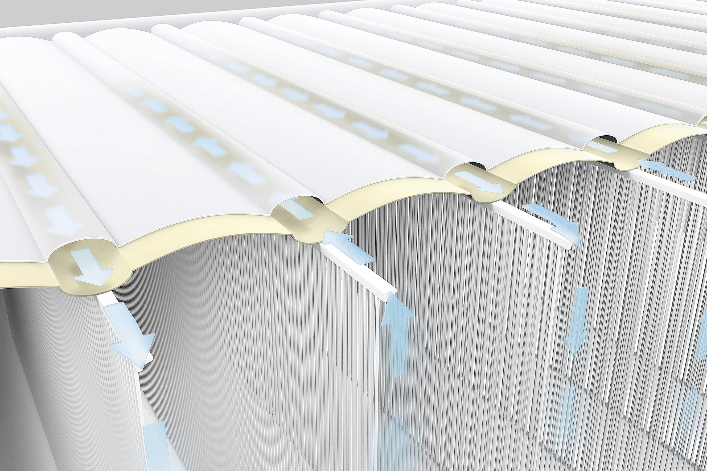 Close-up of an air filter demonstrating air purification through a wave-like structure with arrows indicating air flow.