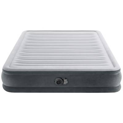 Grey inflatable mattress with a ribbed surface pattern, valve visible on the side. It appears comfortable and functional.