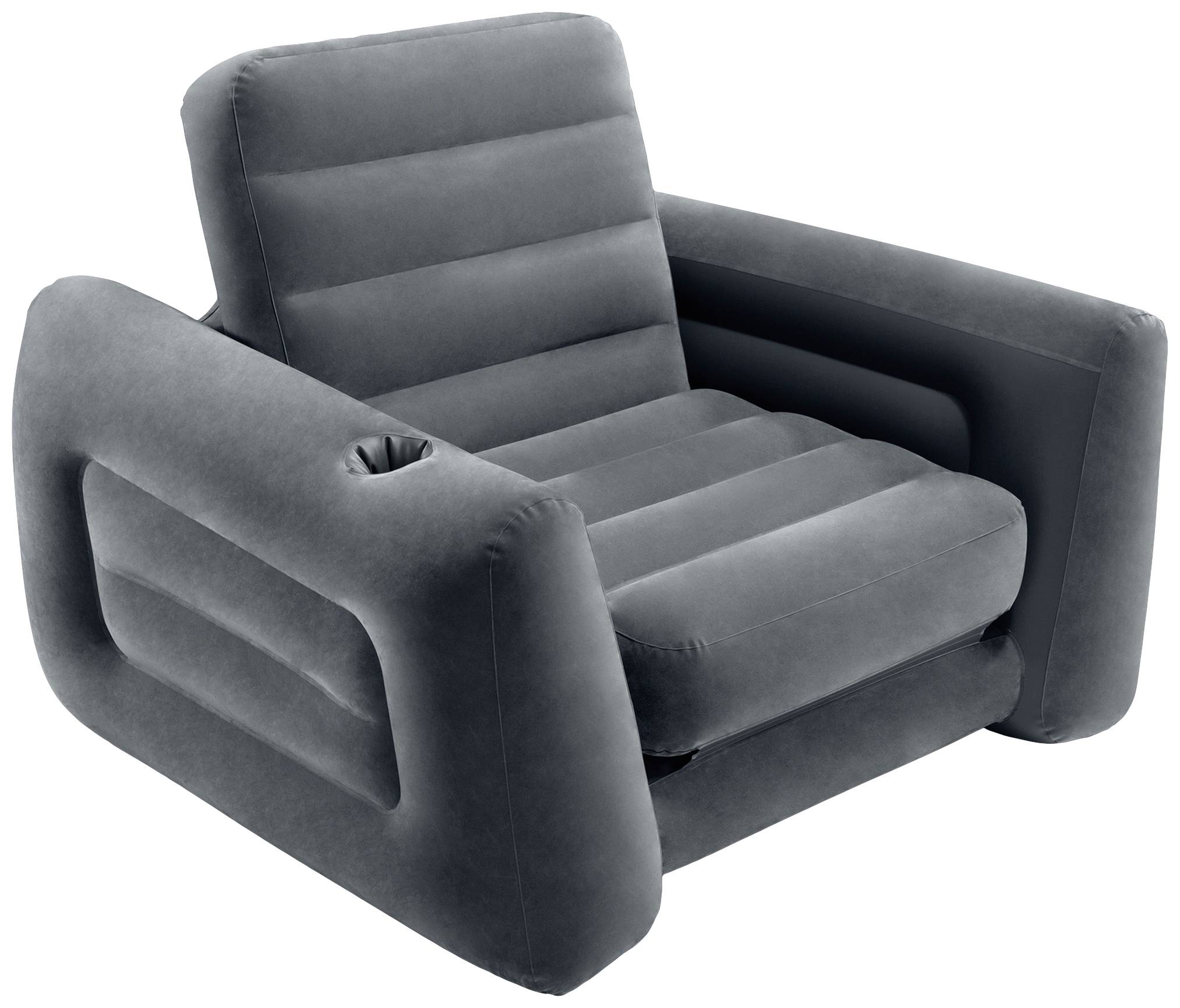 Inflatable grey armchair with armrests. One of the armrests features an integrated drinks holder.