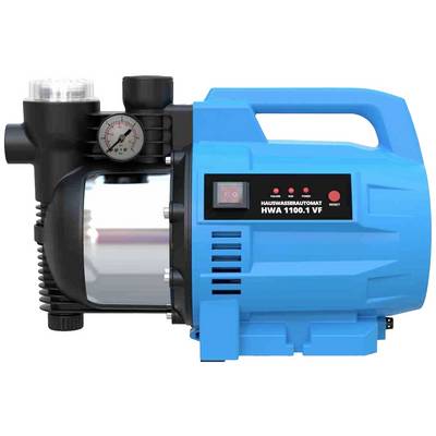 Home water system with blue casing, pressure gauge, and switch. Model number 'HWA 1100.1 VF' is visible. Used for garden irrigation.