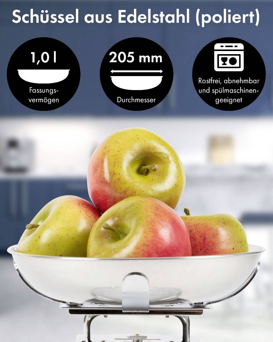 Stainless Steel Bowl with Apples. Text at top: 'Polished Stainless Steel Bowl'. Graphic shows 1.0 l capacity, 205 mm diameter.