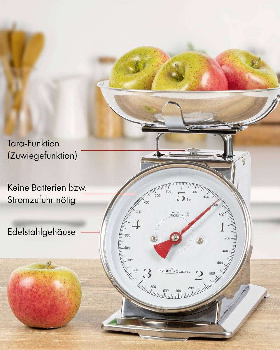 Stainless steel kitchen scales with apples, showing tare function (add-weight function). Note: 'No batteries or power supply required.'