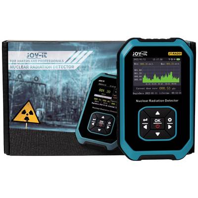 A portable 'Nuclear Radiation Detector' displays measurement data and a line graph on its screen. A warning sign is visible in the background.