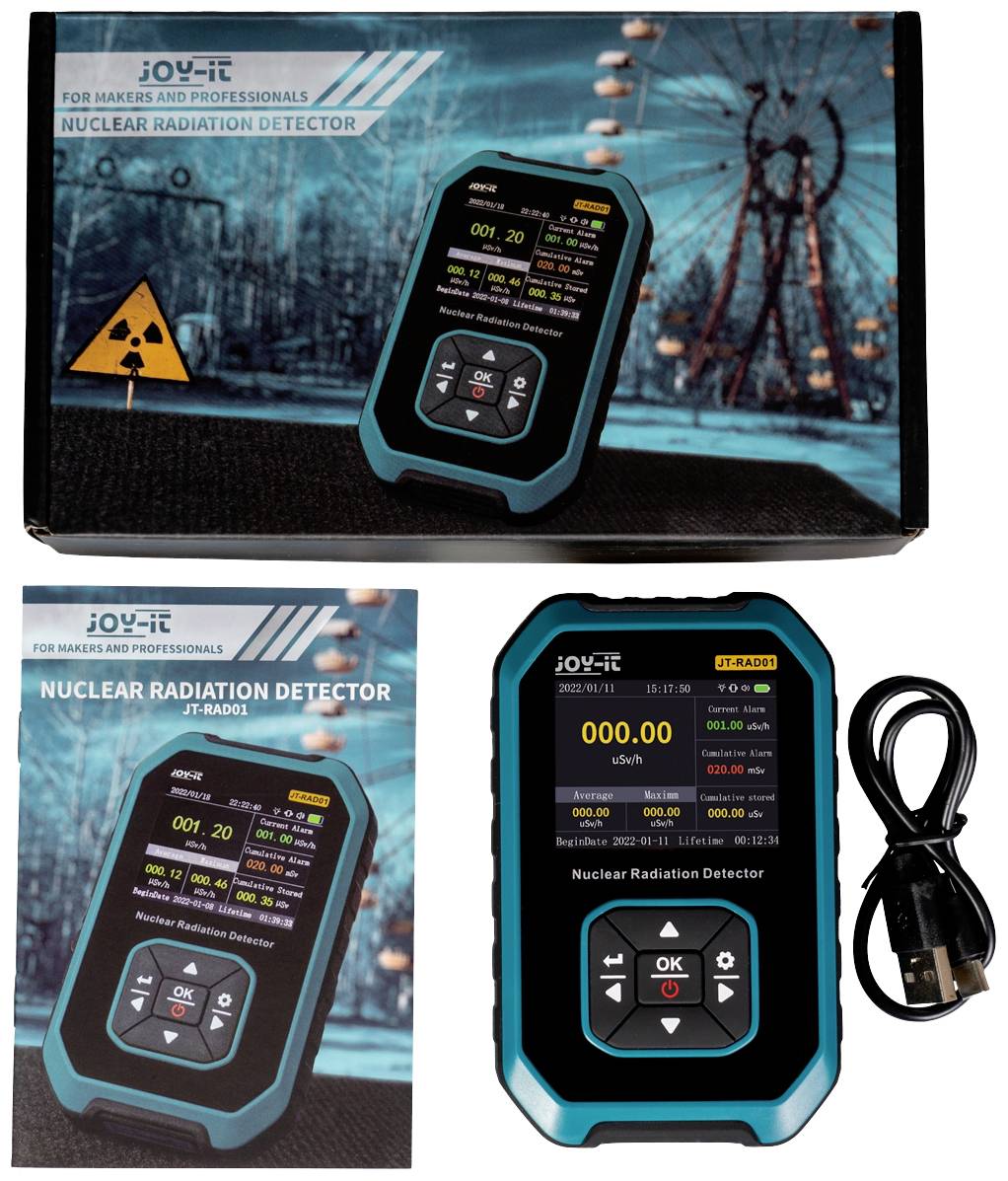 'Nuclear Radiation Detector' in black and navy blue with a digital display. The device shows radiation values. Packaging in the background.