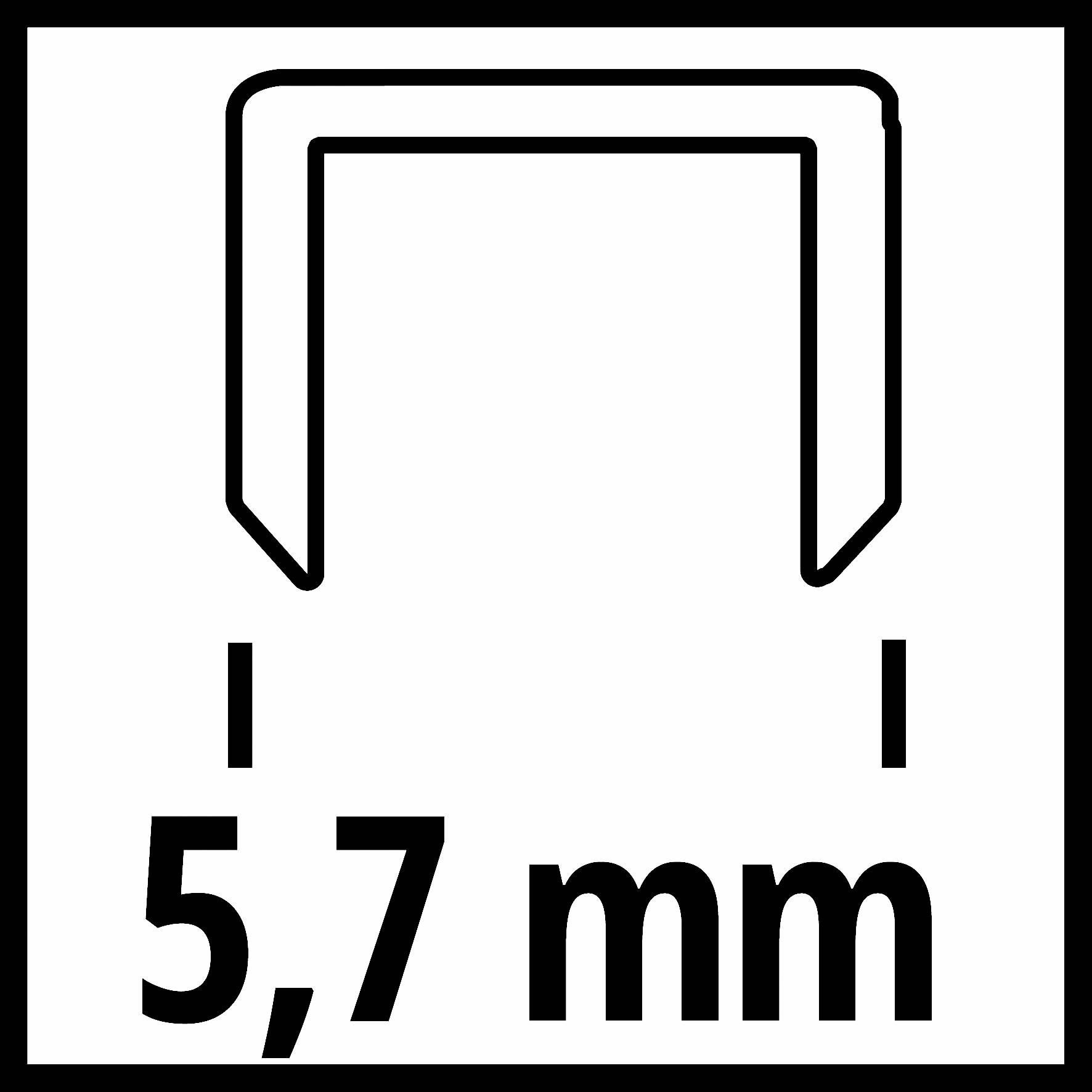 '5.7 mm' staple symbol, indicates the width of a staple leg.<br><br>Note: In British English, decimal points are used instead of commas for decimal numbers, and the spelling and terminology remain consistent with the original meaning.