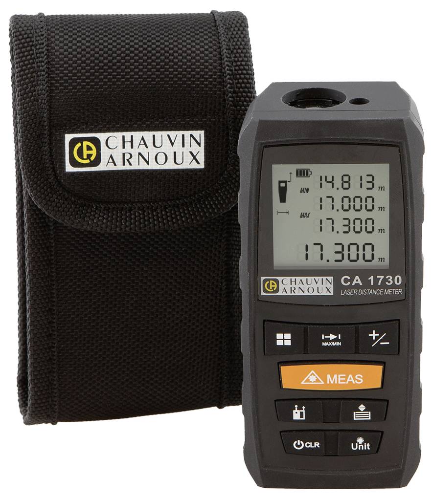 Laser distance meter with digital display shows multiple measurement values in metres. Device is positioned next to a black protective case.