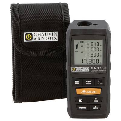 Laser distance meter with digital display shows multiple measurement values in metres. Device is positioned next to a black protective case.