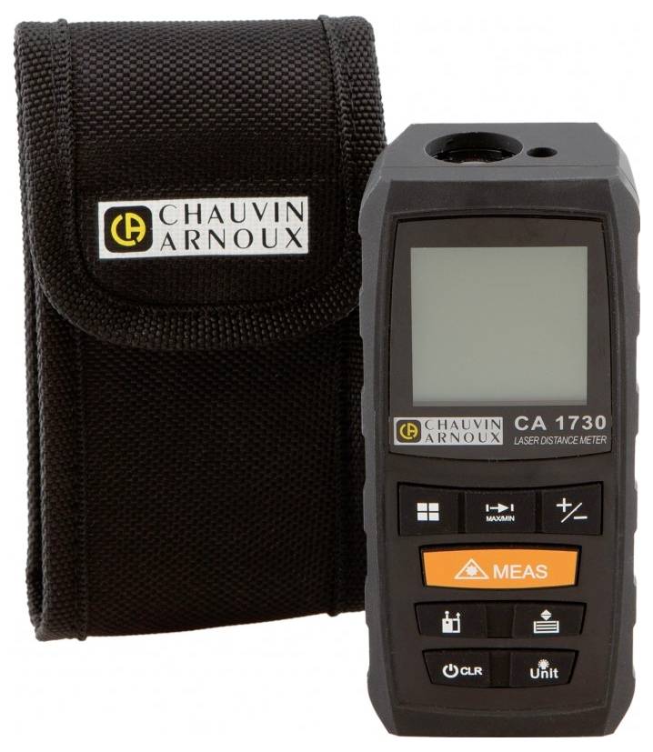 'CA 1730' laser distance meter by Chauvin Arnoux beside a black transport case with logo.