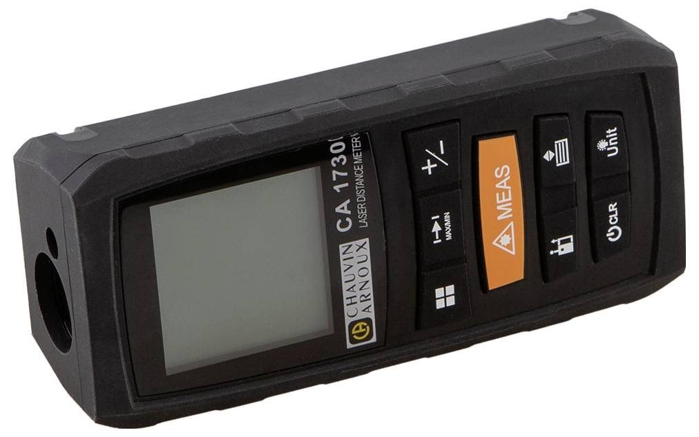 Digital laser distance measuring device with multiple buttons for operation; comes with a display for showing measurement values.