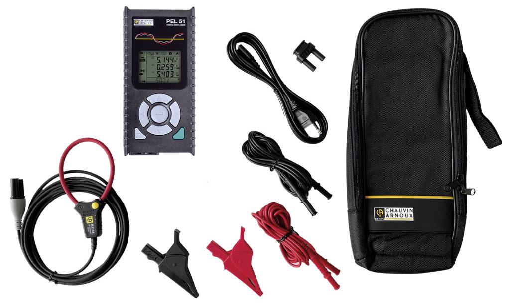 A digital energy metre with display, two terminals, USB cable, red and black clips, and a black carry case.