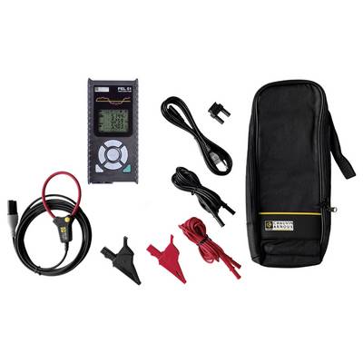 A digital energy metre with display, two terminals, USB cable, red and black clips, and a black carry case.
