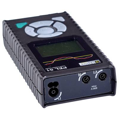 A portable electric test device with a display and control buttons. Two connection sockets are located on the front panel.