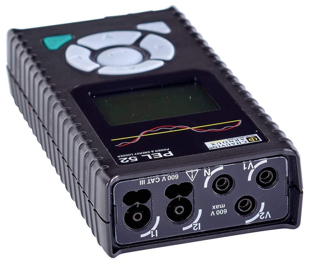 A portable testing device with a display and multiple ports for measuring electrical parameters, likely for technical applications.