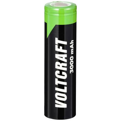 A black battery with a green tip, marked with 'VOLTCRAFT 3000 mAh'.