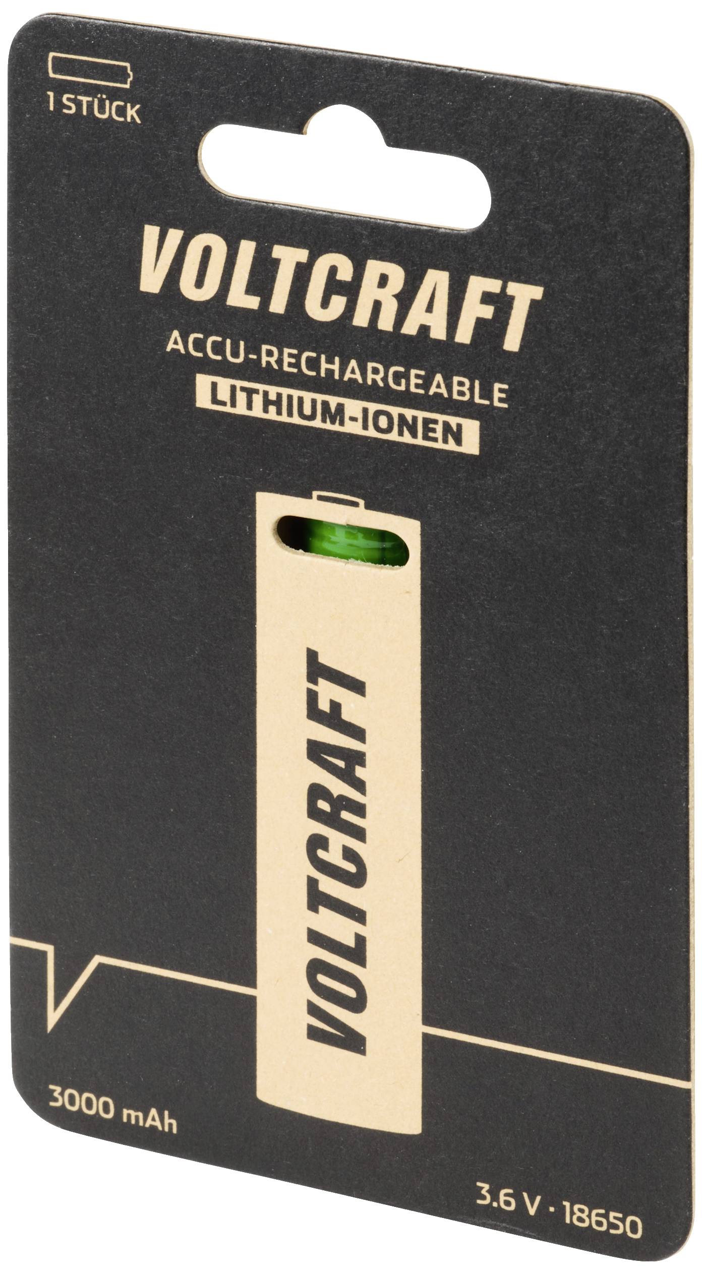 Voltcraft brand battery pack, Lithium-Ion, 3000 mAh, 3.6 V, 18650. Contains a single rechargeable battery.