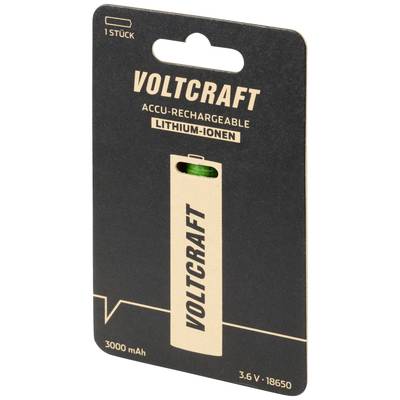 Voltcraft brand battery pack, Lithium-Ion, 3000 mAh, 3.6 V, 18650. Contains a single rechargeable battery.