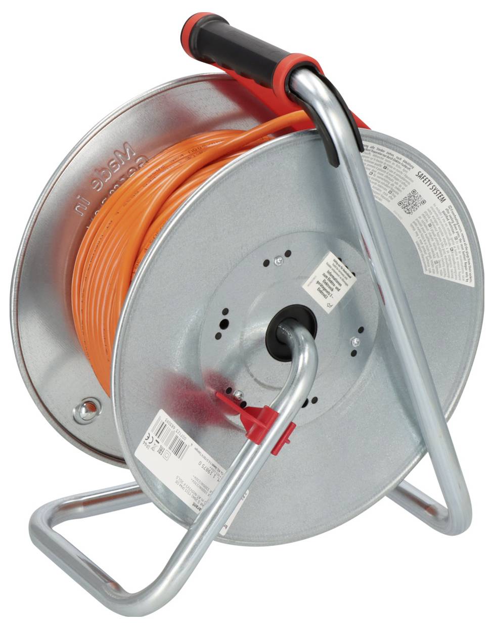 Orange extension cord wound on a metal reel with a carry handle and stand, shown on a white background.
