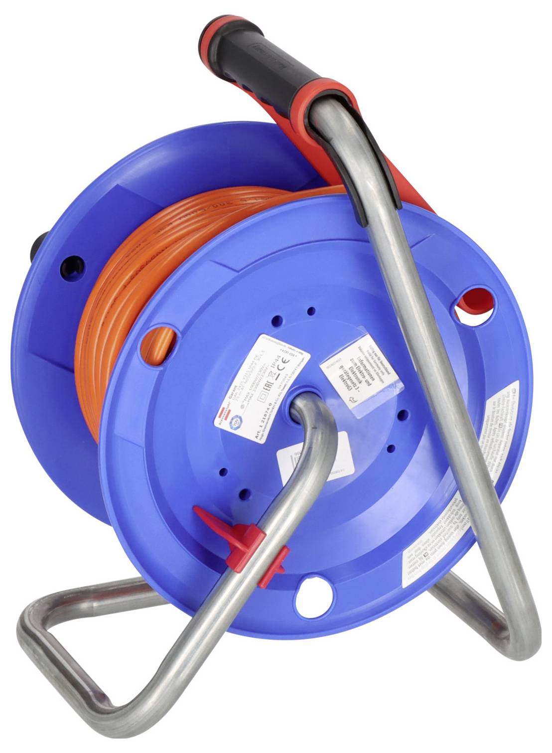 Blue cable reel with orange cord and metal folding handle, shown on a white background.