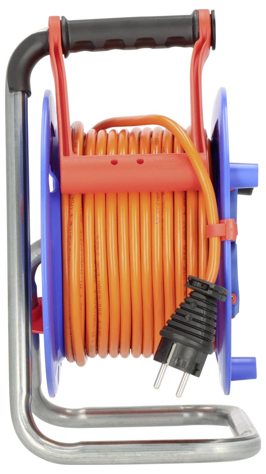 Orange extension cord on a blue and silver reel with black handle and plug, shown against a white background.