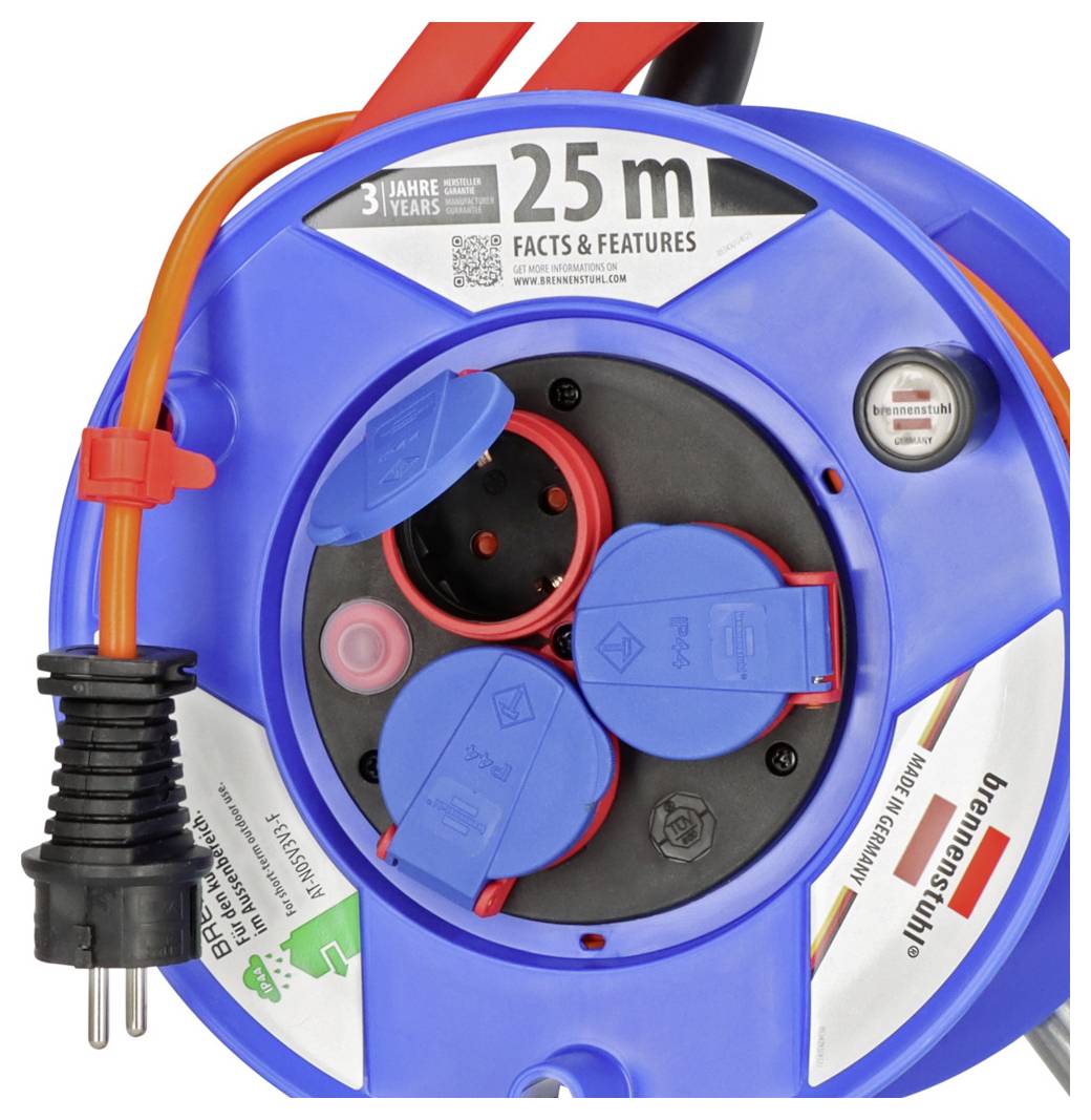 Blue cable reel with built-in socket outlets, 25 m extension cord, and orange power cable on a white background.