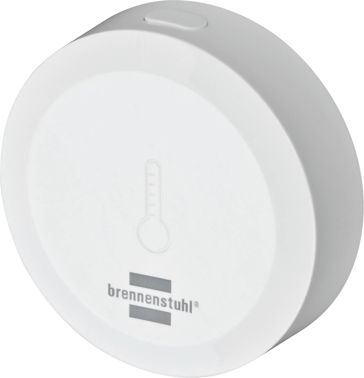 White round Brennenstuhl smoke alarm or heat detector with central thermometer icon and front logo<br>