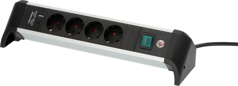 Four-way black socket extension lead with a power switch in the centre and a mains cable.