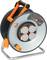 A cable reel with four plug sockets and an orange handle. Labelled with '33m' and other technical details.