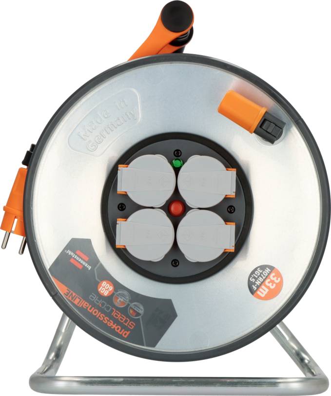 Cable reel with four plug sockets and a 33m long cable. It is silver-coloured with orange details and comes from Germany.