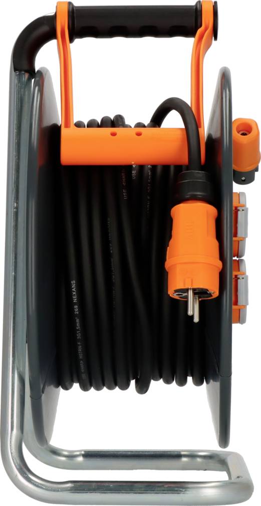 An extension lead in a metal frame with a multi-socket power strip and orange details, coiled for easy use.