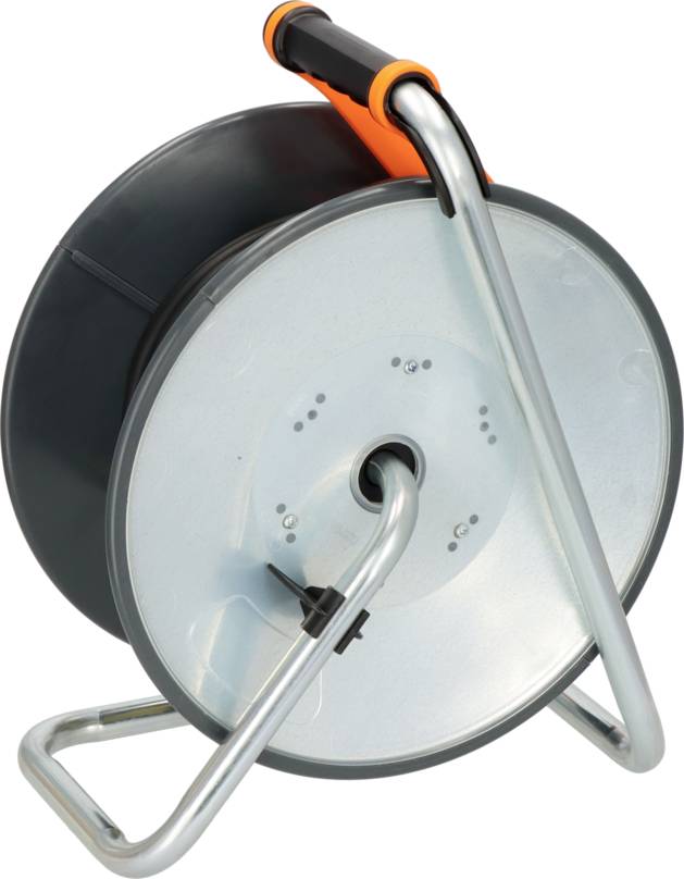 Empty cable drum with orange-black handle and silver frame on metal stand.