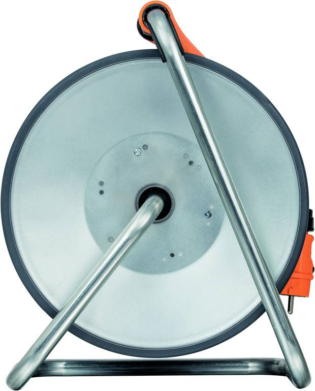 A cable reel with a round metal housing and orange details, supported by three metal struts.