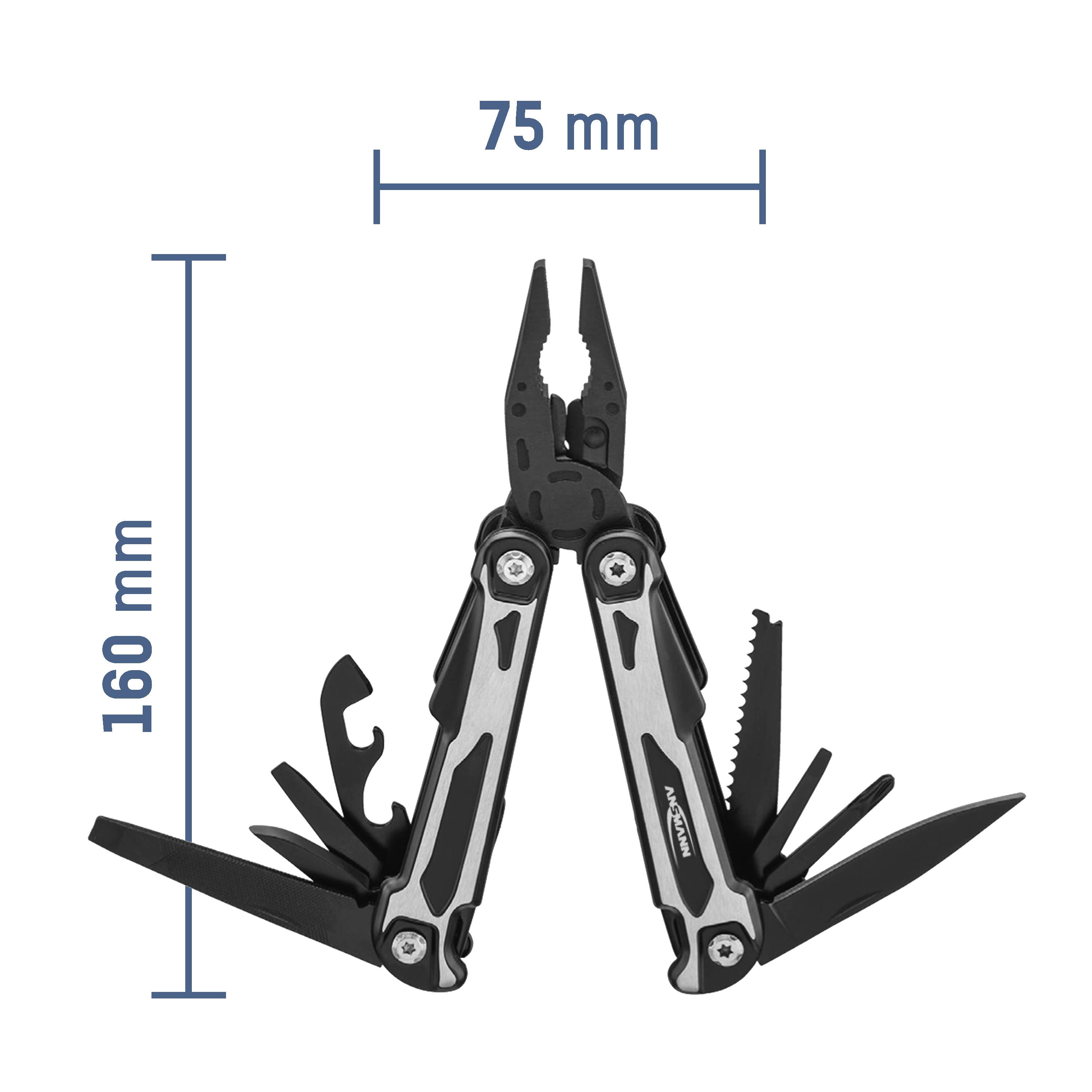 Multifunctional tool in an open position, displaying multiple tools such as pliers, knife and screwdriver. Dimensions: 75 mm width, 160 mm length.