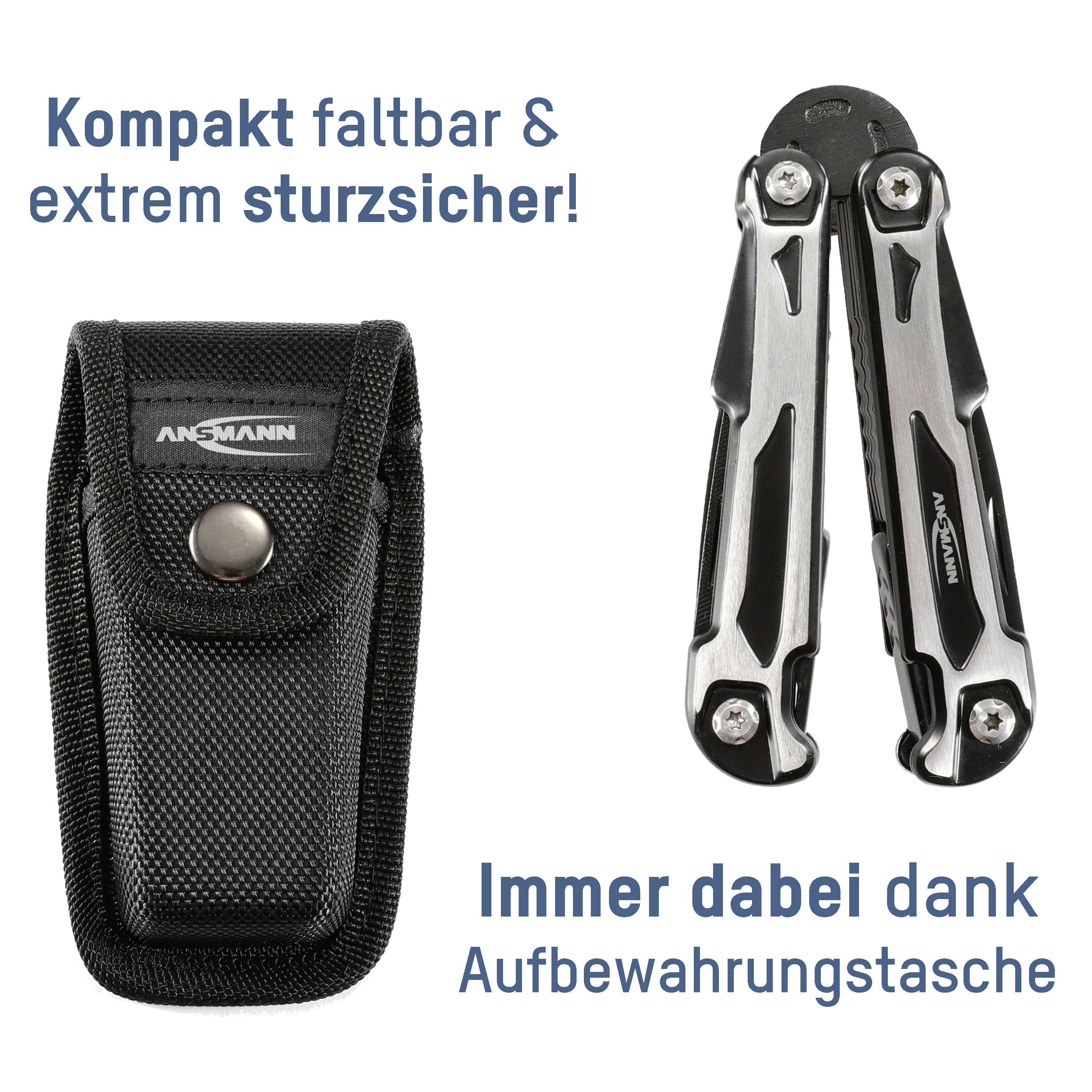 Compact foldable multi-tool and black storage pouch. Text on image: 'Compact and foldable & extremely drop-proof!', 'Always with you thanks to storage pouch'.