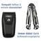 Compact foldable multi-tool and black storage pouch. Text on image: 'Compact and foldable & extremely drop-proof!', 'Always with you thanks to storage pouch'.