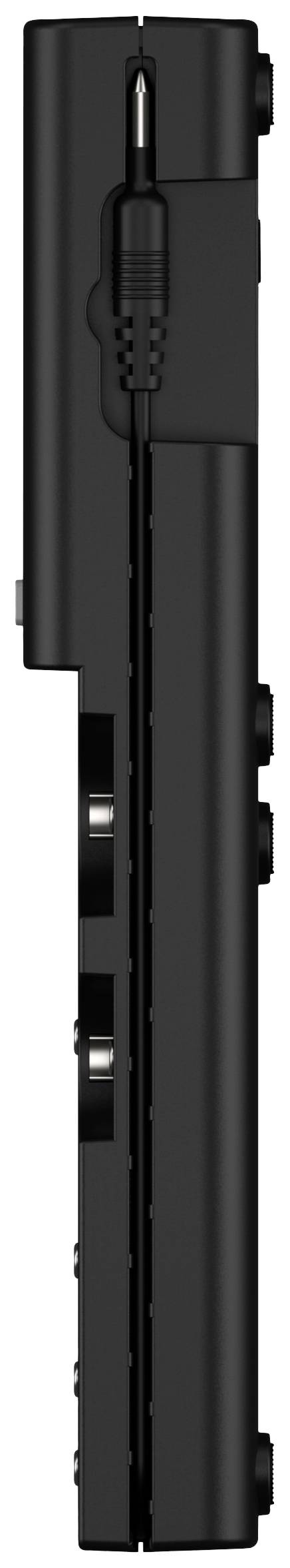 A closed black laptop shown from the side, with visible port connections and screen folded down.