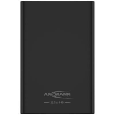 Black power bank with the 'ANSMANN' logo and text '22.5 W PRO', rectangular shape, smooth surface, no further details visible.