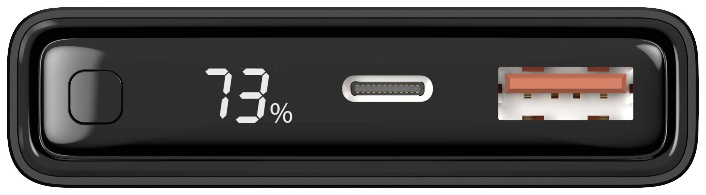 Black power bank with digital display '73%', USB-C and USB ports.