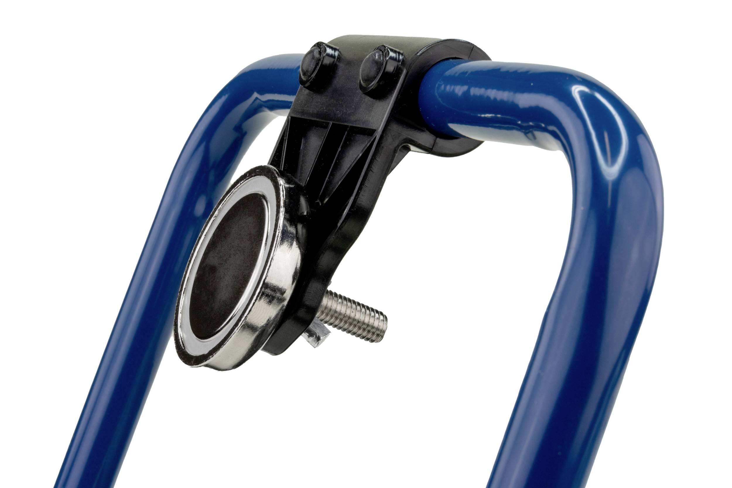 Blue metal frame with mounted black fixing element and metal bearing. Mechanical device component visible.