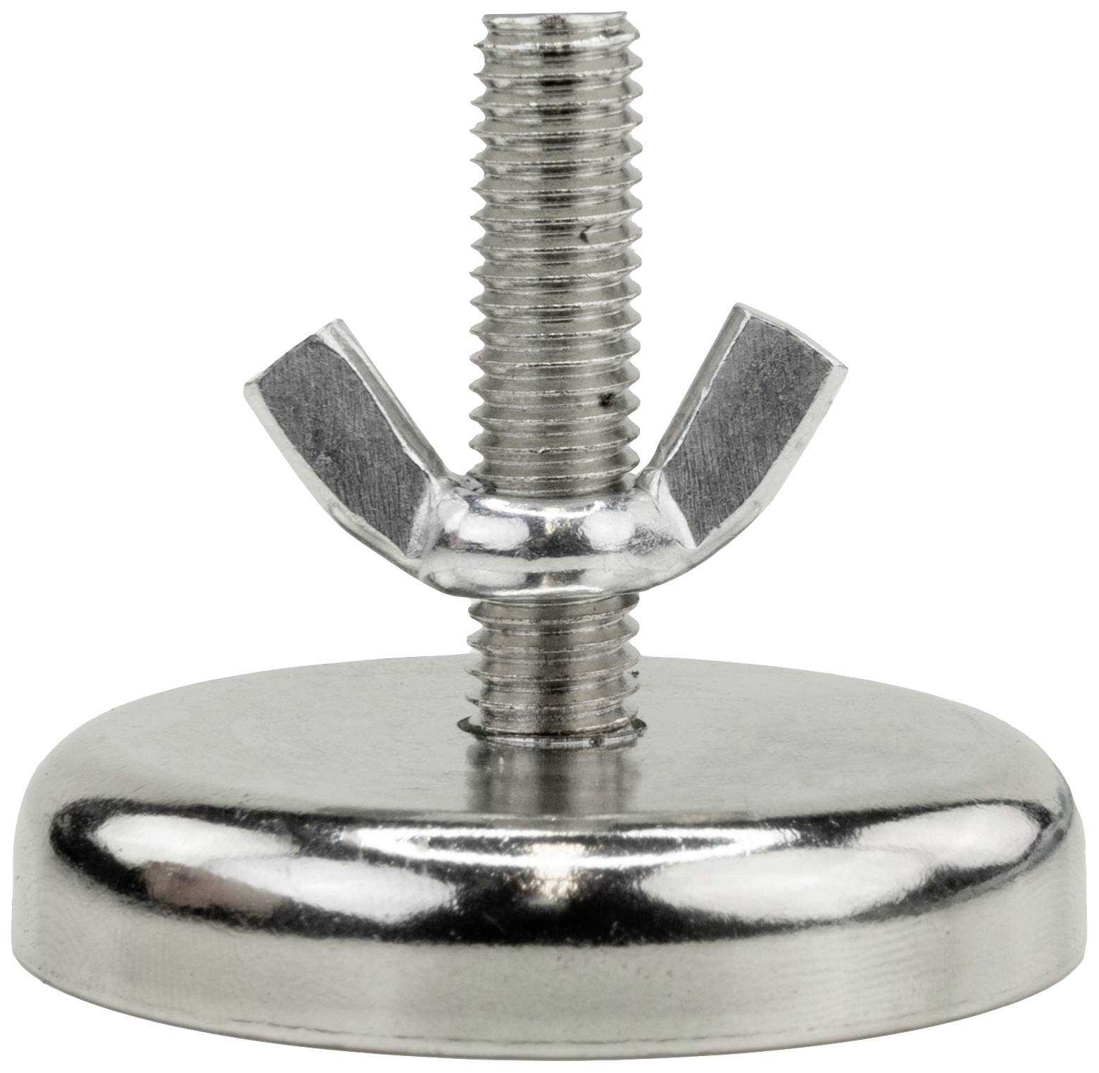 A silver adjustable stand with a thread and wing nuts on a circular base.