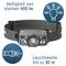 Head torch with a brightness of 450 lumens and a beam range up to 92 metres. Light bulb and torch icon.