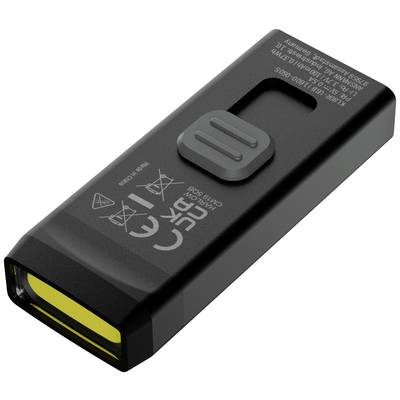 USB stick with a black casing and yellow connection terminal, featuring CE marking and recycling symbols.