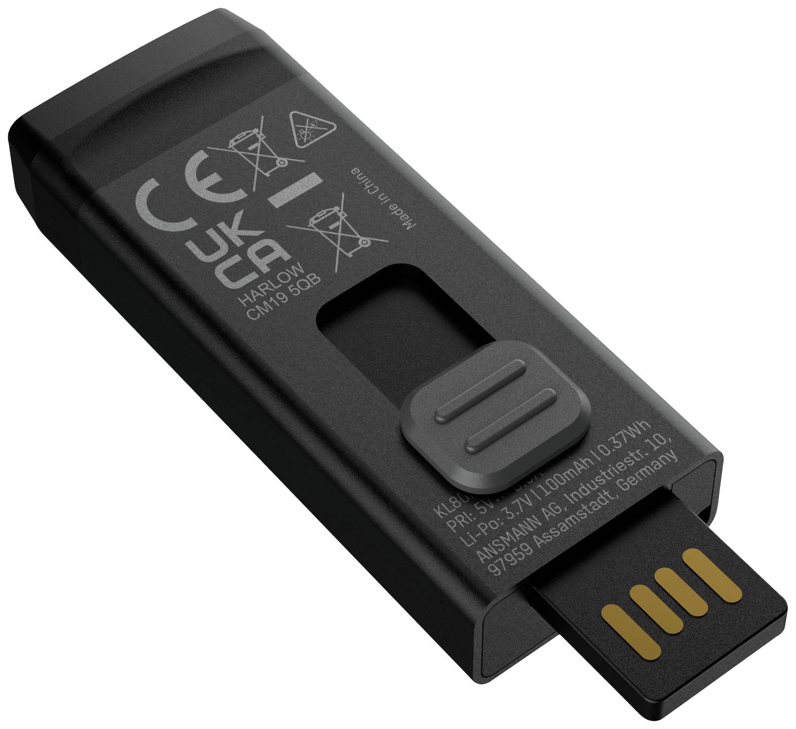 A black USB drive with CE and UKCA markings and technical information on the top surface.
