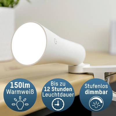 LED desk lamp. Properties in circles: '150lm Warm White', 'Up to 40h Runtime', 'Infinitely Dimmable'